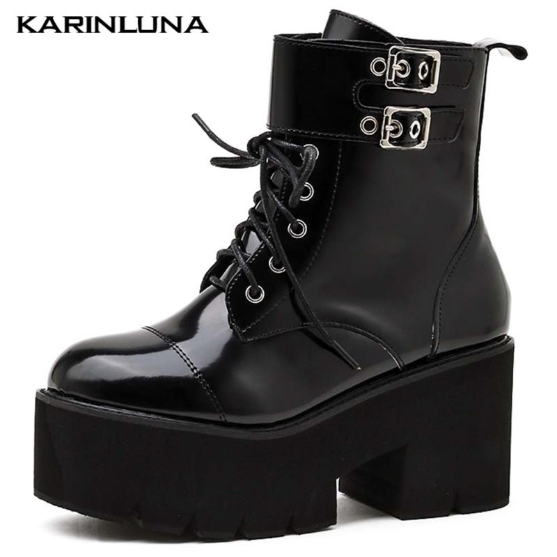 

Brand Design Trendy Shoes Women New Arrivals 2021 Gothic Style Buckel Straps Shoelace Platform Thick High Heels Ankel Booties, Black