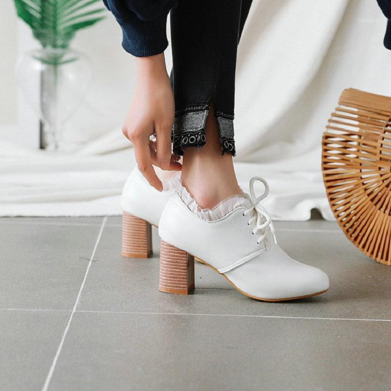 

Sianie Tianie 2020 spring autumn pink round toe block high heels women's shoes lace-up cross-tied ladies pumps with lace ruffles1, Beige