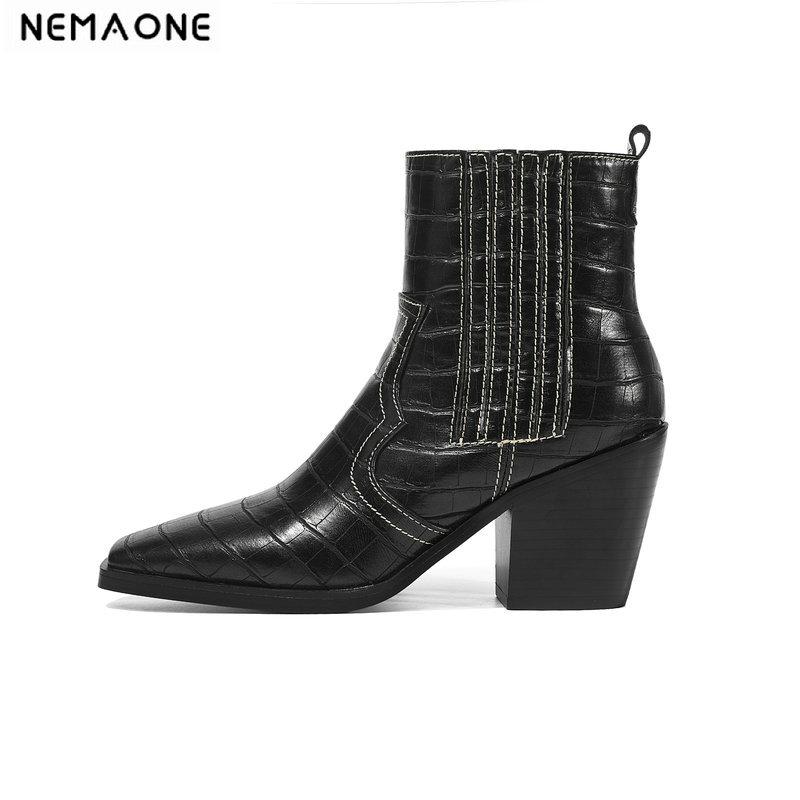 

NEMAONE Brand Stone grain Microfiber Leather women boots square toe autumn winter boots ladies shoes size 34-43, Black