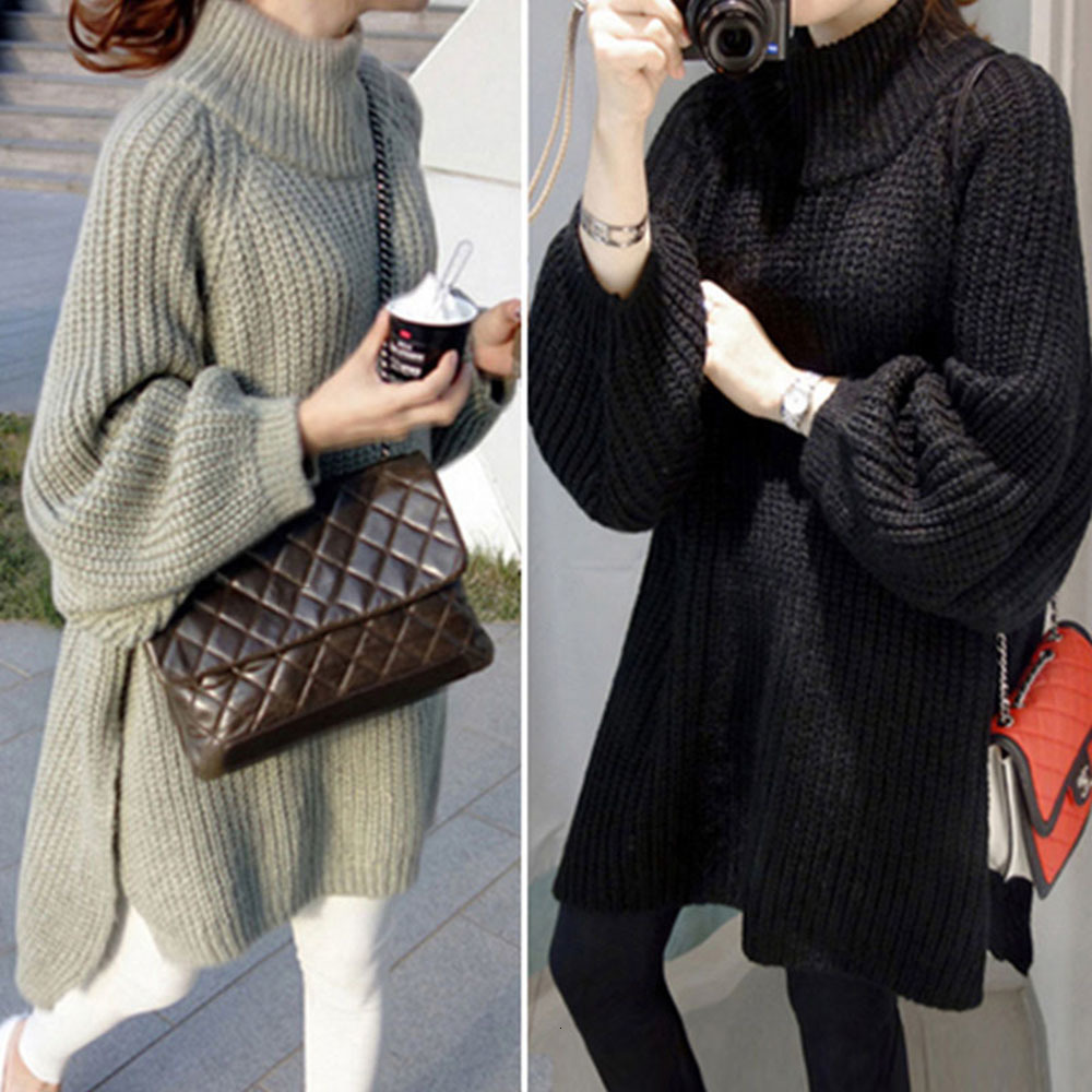 

2021 New Thicken Sweater Dress Korean Autumn Winter Knitted Loose Pullover Tops Long Sleeve Warm Jumpers HVEM, Green