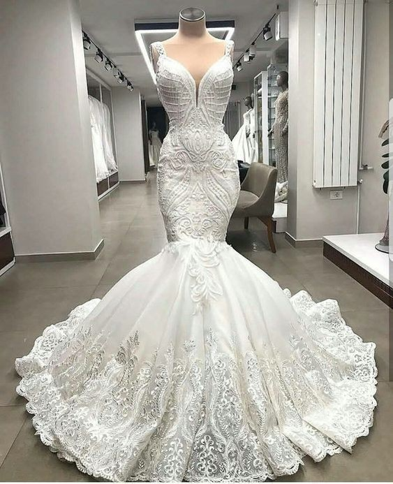 

High End Unique Lace Mermaid Wedding Dresses Appliques Dubai 2022 Beaded Bridal Gowns Custom Made Robe De Mariee VOG343, White