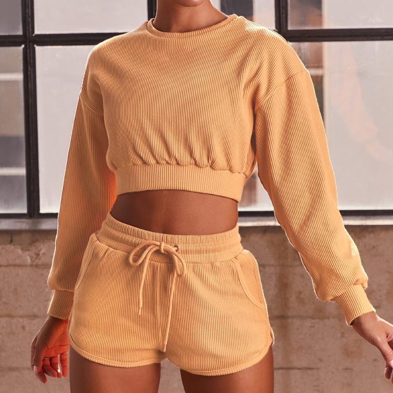 

Sexy Yoga Set Women Two 2 Piece Long Sleeve Crop Top T-Shirt Tight Shorts Sportsuit Workout Outfit Gym Sport Suit1, Brown shorts