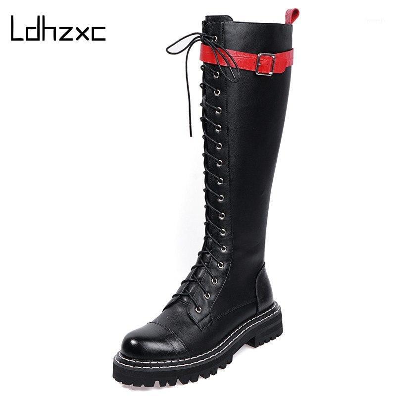 

LDHZXC 2020 New genuine leather boots women punk combat platform boots ladies footwear autumn winter knee high for women1, Orange