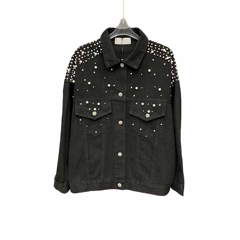 

Womens Heavy Industry Pearl Letter C Washed Denim Jacket Womens Autumn Casual Loose Top Fashion All-match Trend Coat, Black