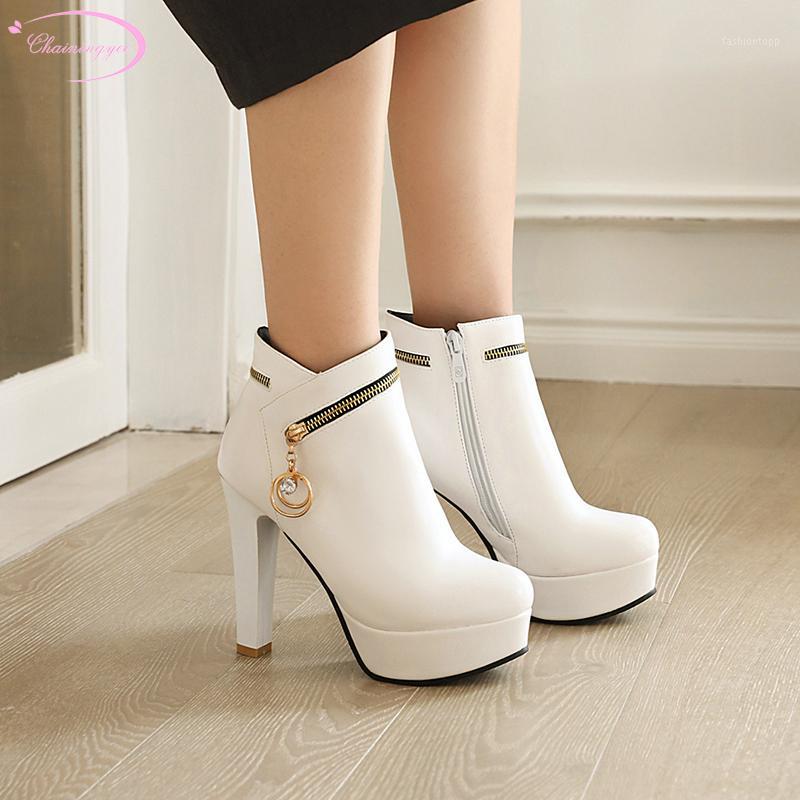 

Party style round toe riding boots rhinestone zipper platform black white beige high-heeled chunky ankle boots women's shoes1
