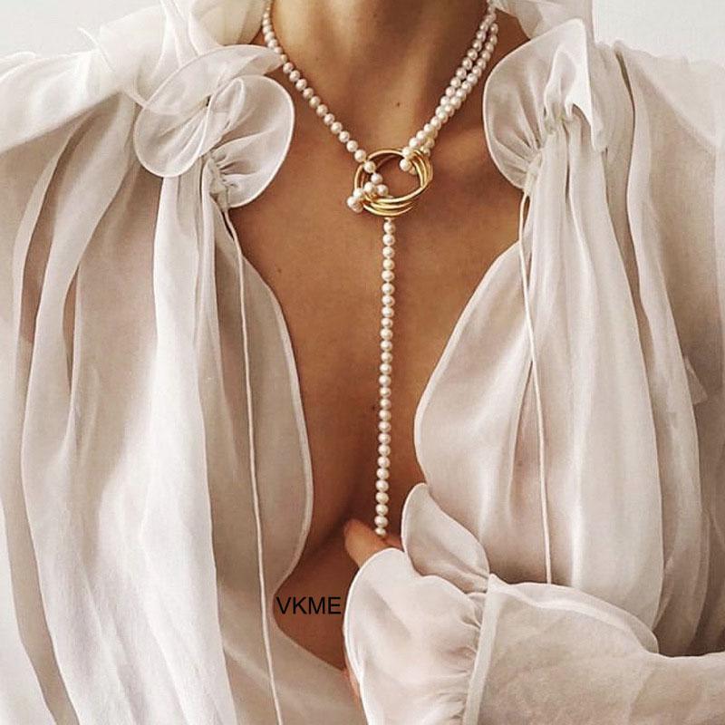 

VKME Vintage Pearl Chain Necklaces For Women Fashion Multi-layer Shell Knot Pearl Necklace 2020 NEW Jewelry