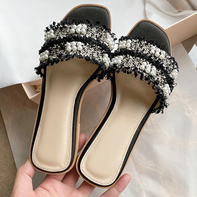 

Pearl Decoration Half Slippers Women Sandals 2020 New Flat Heels Summer Shoes Woman Sweet Comfortable Shoes Woman1, Black