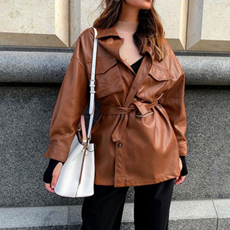 

Fandy Lokar PU Leather Coats Women Fashion Loose Pockets Long Sleeve Jackets Women Elegant Tie Belt Waist Coats Female Ladies GC, Aejk6638 brown
