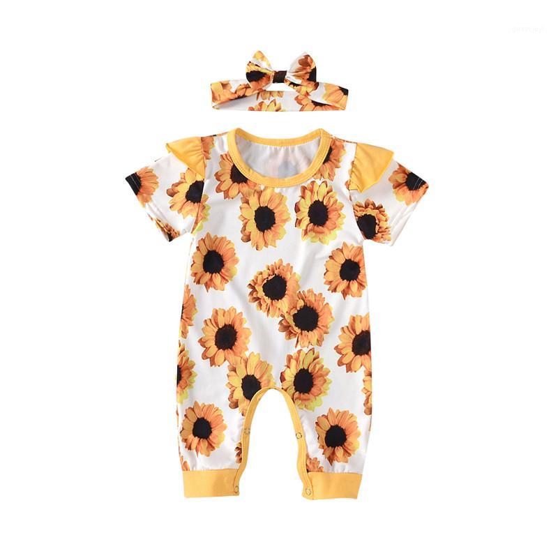 

Cute Sunflowers baby girls romper outfits short sleeve ruffle printing holiday casual clothing set lovely Newborn1, As pic