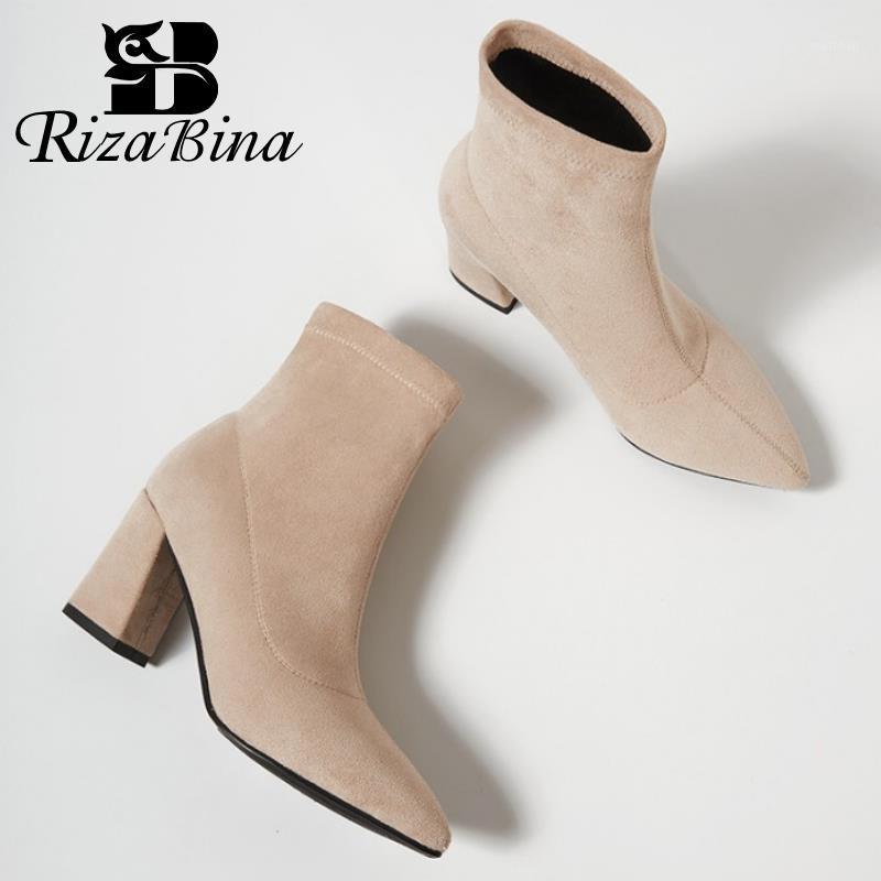 

RIZABINA Women High Heel Boots Real Leather Thick Heel Women Ankle Boots Fashion Elastic Woman Footwear Size 34-391, Black heel 5.5cm