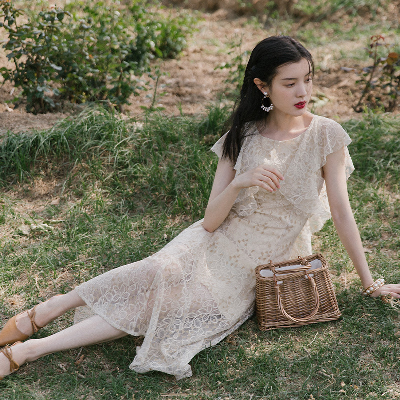 

2021 Summer Ladies Dressed for Party Elegant Evening Lace Dress Long Neck Sleeveless Beige Ankle-length Women Vl3o, Blue