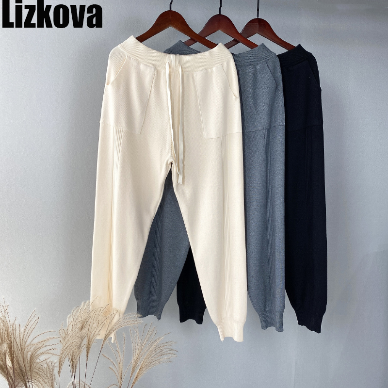 

Lizkova Winter Knitted Sweatpants Women Plus Size Elastic Waist Harem Pants Pockets Casual Sport Trousers 339 201228, Khaki