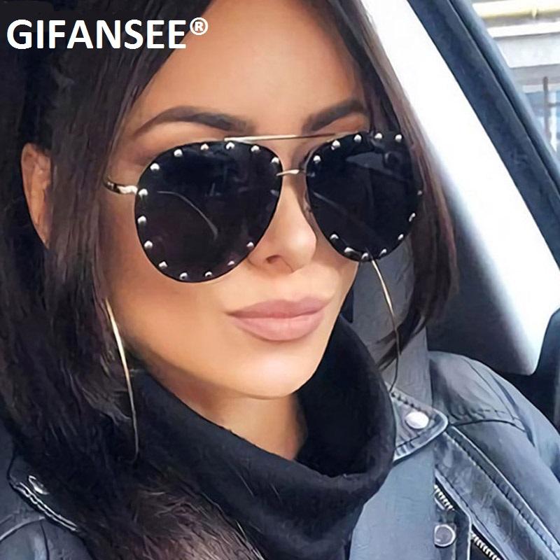 

Sunglasses GIFANSEE Rivet Rimless Pilot Oversized Luxury Vintage Womens Brand Designer Men Tinted Eyewear Shades Glasses Uv400