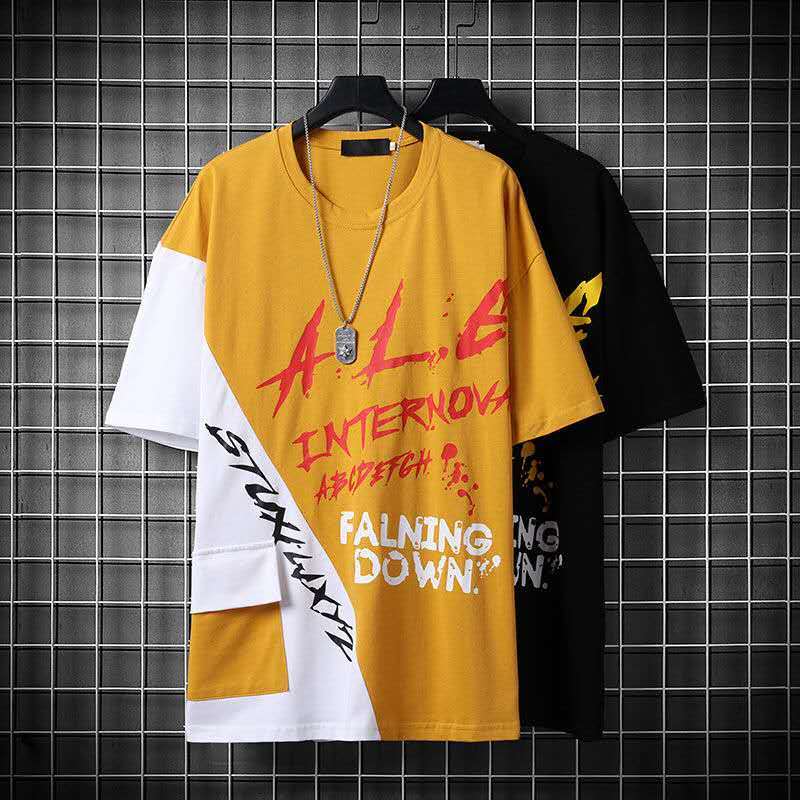 

Hip Hop Patchwork T Shirt Man Harajuku Cool T-shirt Male Casual Summer Loose Yellow Tshirt Streetwear Black Korean Top Tees Boys