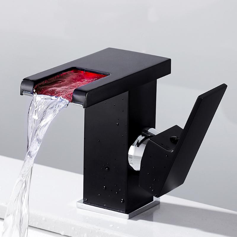 

LED Basin Faucet Waterfall Temperature Colors Change Bathroom Mixer Tap Deck Mounted Wash Sink Cold Hot Water Mixer Tap