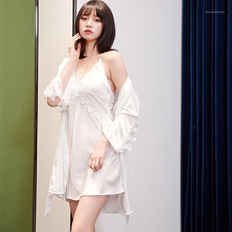 

Women Nighty&Robe Set Sexy V-neck Mini Kimono Bath Gown Summer Nightdress Suit Thin Satin 2PCS Sleepwear Casual Home Clothes1, Red nightdress
