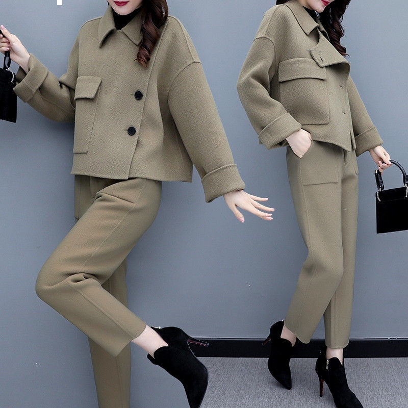 

2021 New winter wool piece women's only clothes breasted coat + soft fashion pants 2 joint y480 LAOK, Suit