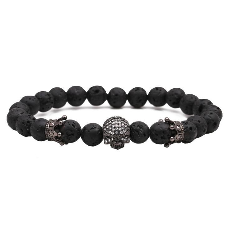

8mm Fashion Charm Natural Stone Beaded Bracelet and Bracelet Micro Pave CZ Skull Crown Charms Men's Jewelry