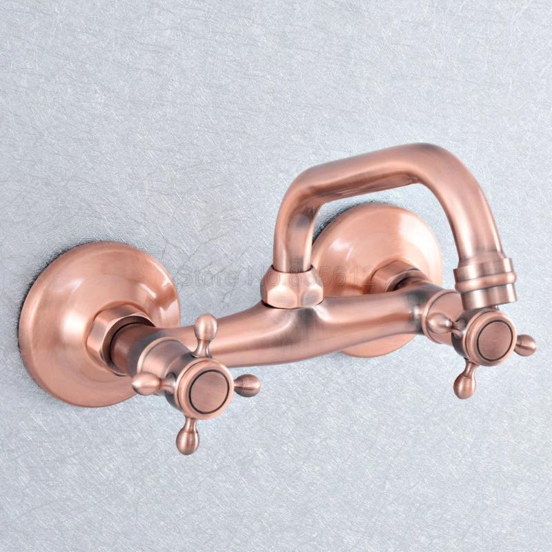 

Antique Red Copper Brass Bathroom Kitchen Sink Faucet Mixer Tap Swivel Spout Wall Mounted Double Handles tsf8651