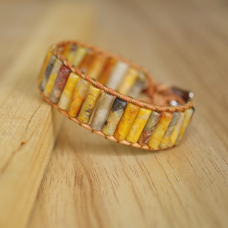 

Women Men Leather Wrap Bracelet & Bangle Cylindric Crazy Onyx Beaded Chakra Bohemia Charm Bracelet DIY Handmade Jewelry Gift