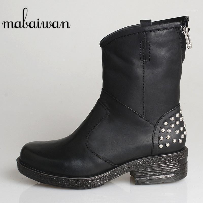 

Mabaiwan Winter Warm Snow Ankle Boots Black Genuine Leather Shoes Women Motorcycle Short Zipper Rivet Booties Mujer Botas Boots1, Black leather in