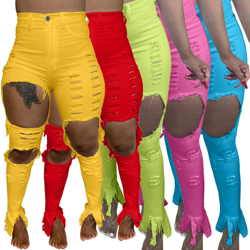 

2020 New Women Jeans Red And Yellow Long Ripped Pants Slim Skinny Fit Plus Size Hole Jeans Personalized Fashion Female Jeans Plus Size -4xl