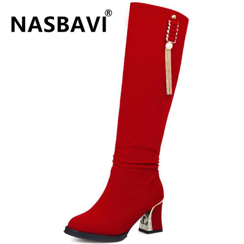 

NASBAVI new fashion suede contracted Europe and America British style lacing high heel Metal decorative tassel winter long boot1, Black