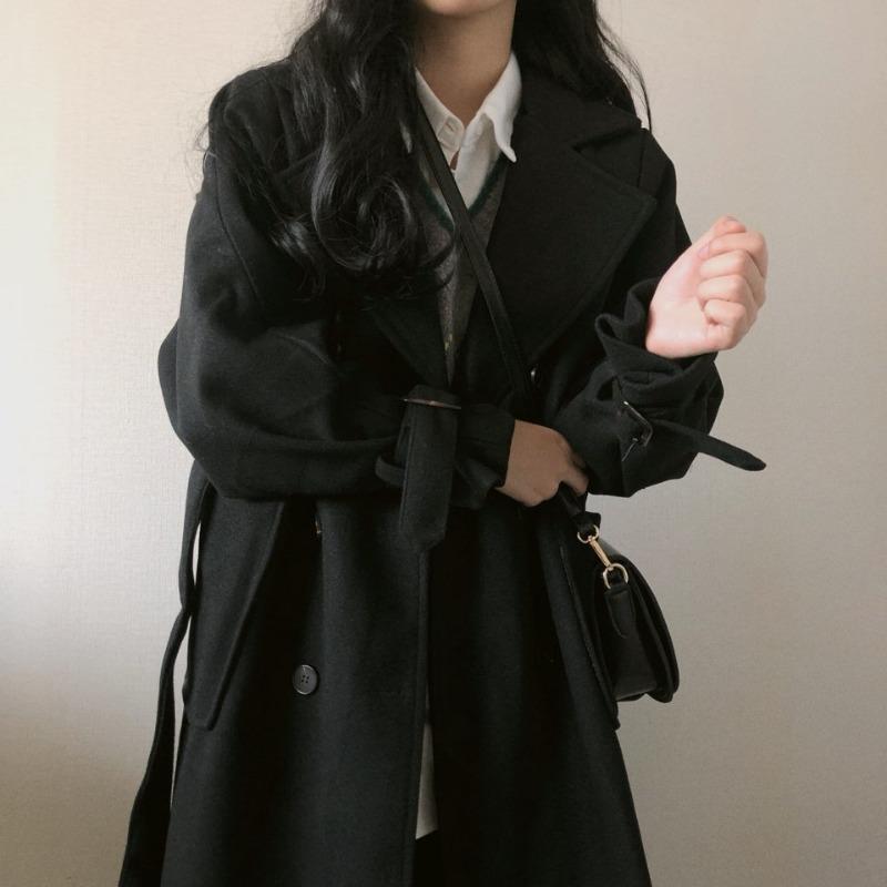 

Black woolen coat women's 2020 winter new Korean retro loose and thin all-match mid-length woolen coat