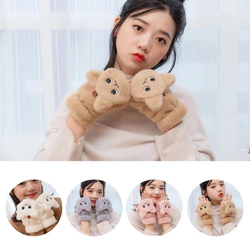 

Five Fingers Gloves Women Thicken Plush Warm Half Finger 2021 Cute Cat Embroidery Convertible Flip Top Winter Fingerless Touch Screen Mitten