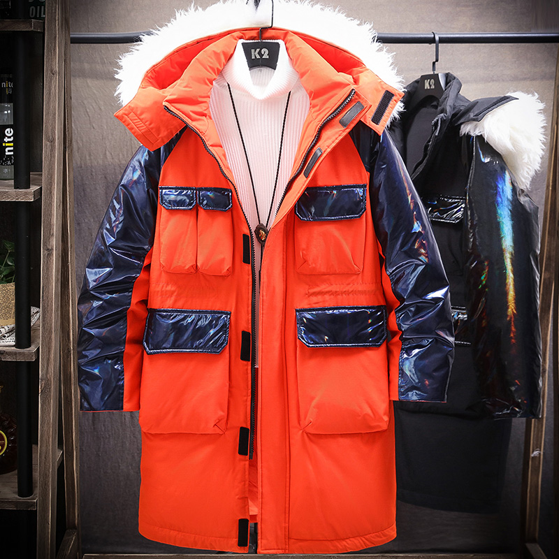 

Mens Long Down Jacket Men 2020 Winter Cargo Jacket Coat Patchwork Windproof Hip Hop Streetwear Orange Jackets Men, Black jacket men