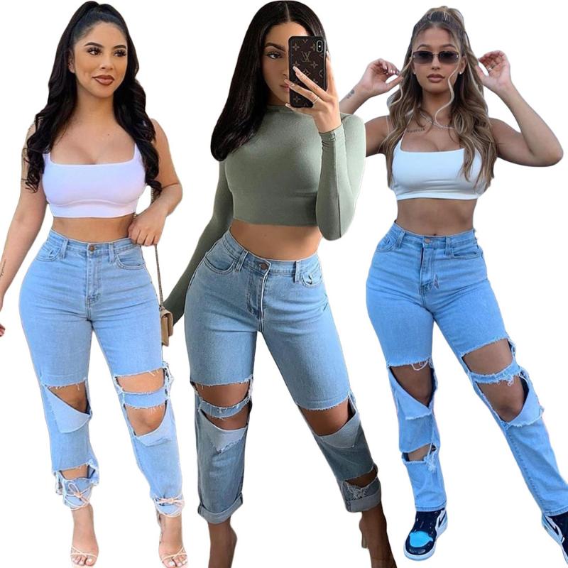 

High Waist Stretchy Ripped Jeans for Women Vintage Hollow Out Zipper Denim Trousers Hip Hop Girls Washes Straight Trousers, Light blue
