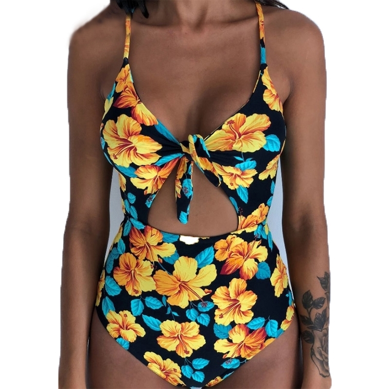 

Print Swimwear Women One Piece Swimsuit Plus Size Push Bathing Sexy Swimming Suit Bandage Lace Up Crop Top BodySuit Y200824