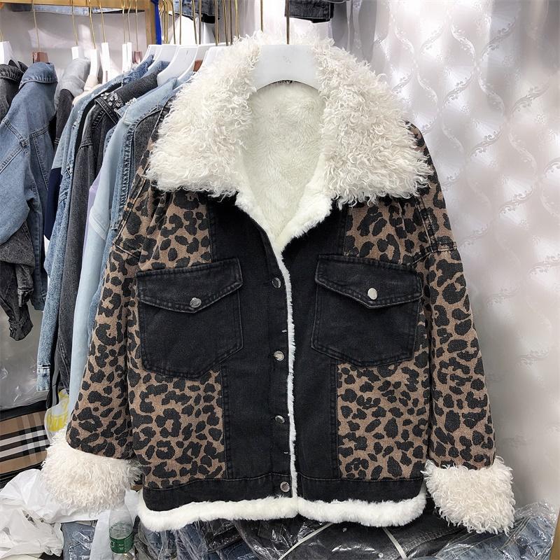 

Coat Winter 2020 Leopard Patchwork Jean Jacket Lamb Wool Cotton Padded Clothes Plush Velvet Thickened Denim Parkas Coats Women, Camel