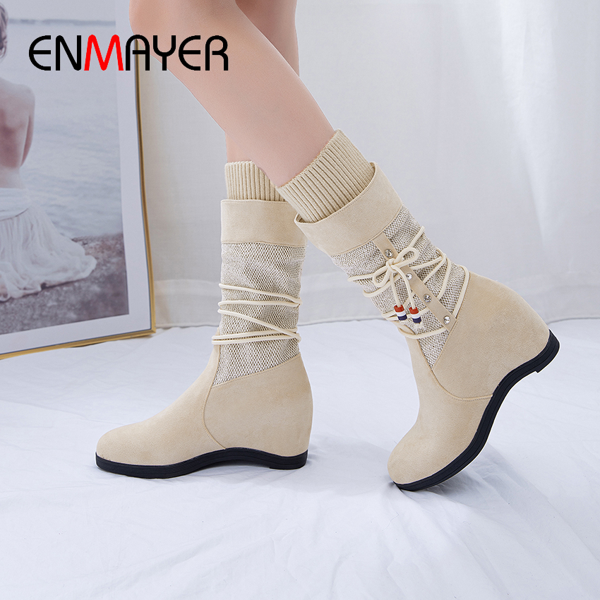 

ENMAYER Flock Wool Sock Boots Women Strap Slip-On Mid-Calf Boots Nubuck Round Toe Sock Shoes Flat Short Plush Patchwork, Beige