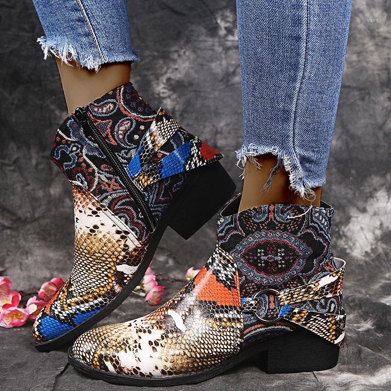 

Women's Snake Print Ankle Boots Women Embroidered Short Boots Fashion Women's Mix Color Thick Heel Female Autumn Winter Shoes1, Green snake pattern