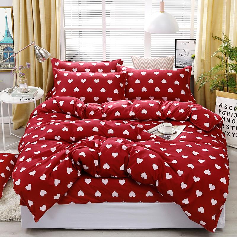 

4pcs/set Red Full Of Love Printing High Quality Bedding Set Bed Linings Duvet Cover Bed Sheet Pillowcases Cover Set, As pic