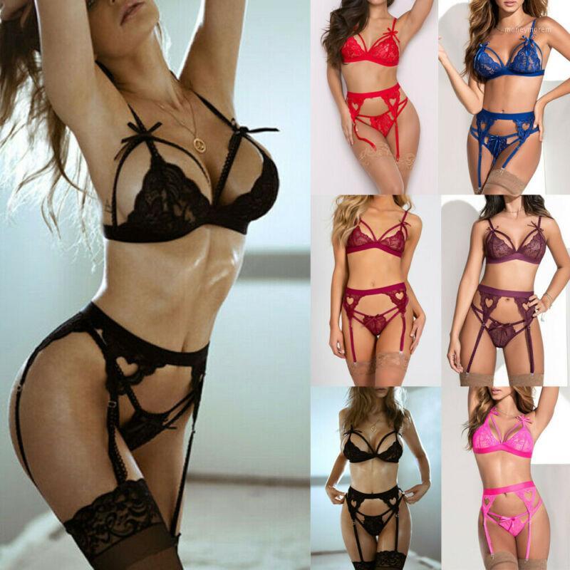 

3 Pieces Porno Sexy Lingerie Set Women Lace Bandage Bras Underwear G-string with Garter Belt Exotic Sets Nightwear Sleepwear HOT1, Black