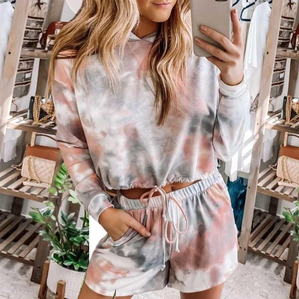 

Womens Tracksuits 2 Piece Set Summmer Autumn Sweatshirt Hoodie + Sporting Shorts Sweat Set Two Piece Outfit Tie Dye Sets