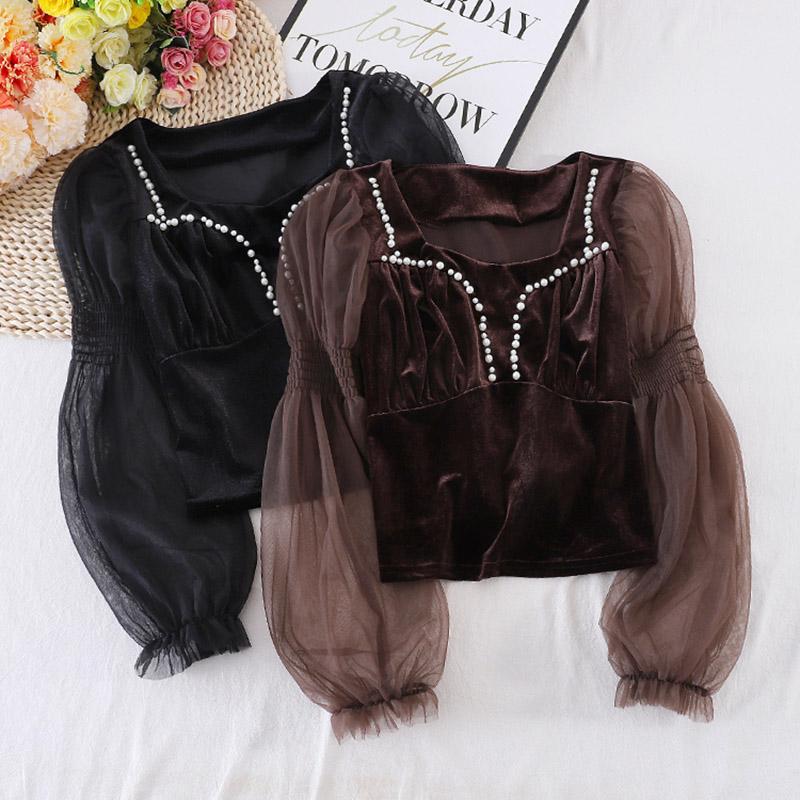 

Women Korean Early Autumn Blouse New Design Niche Lantern Sleeve Mesh Short Shirt Female Stitching Slim Fit Tops Blusa GX1142, Black