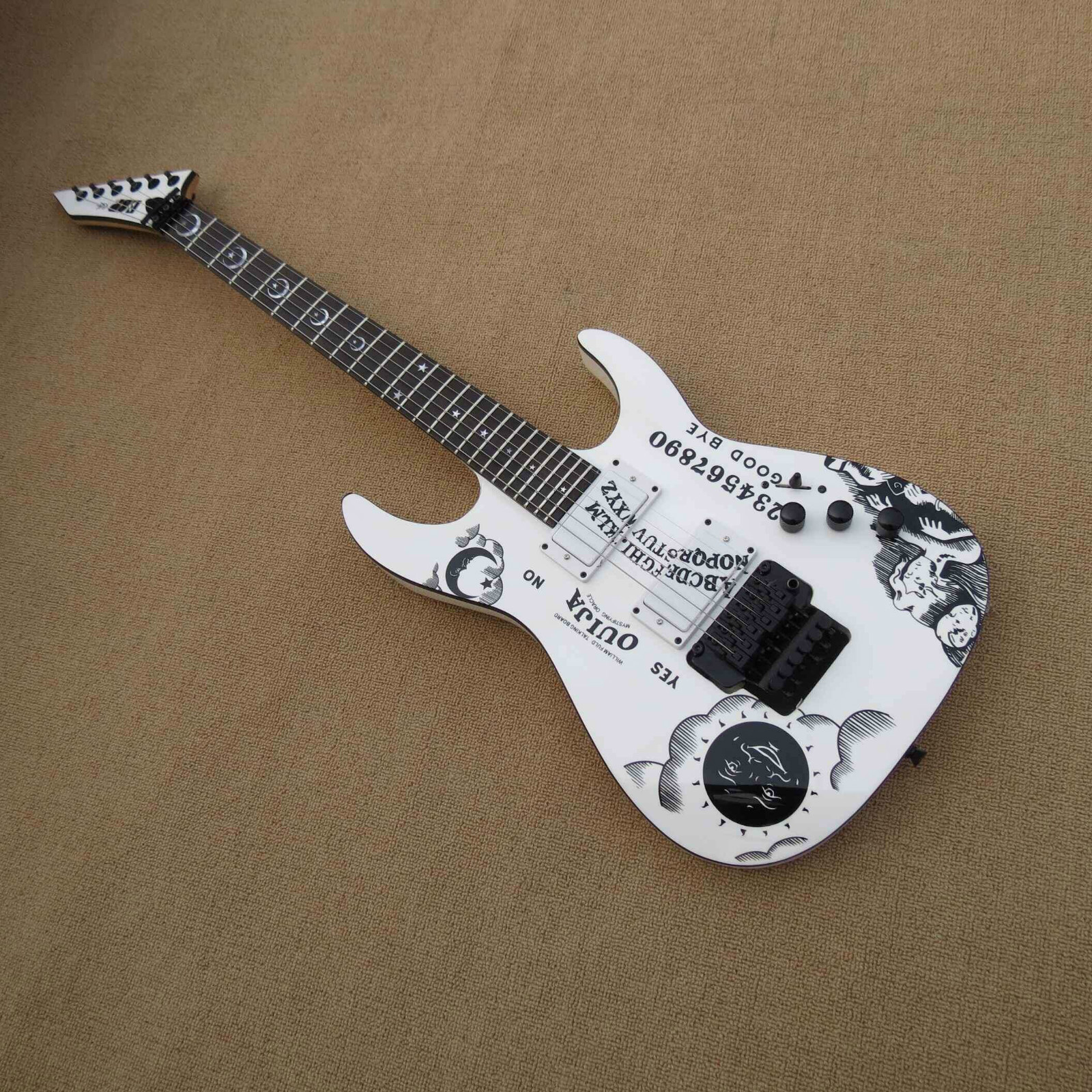 

Top quality low price GYESP-0005 white color Personality pattern black hardware Kirk Hammett Ouija 6 strings electric Guitar