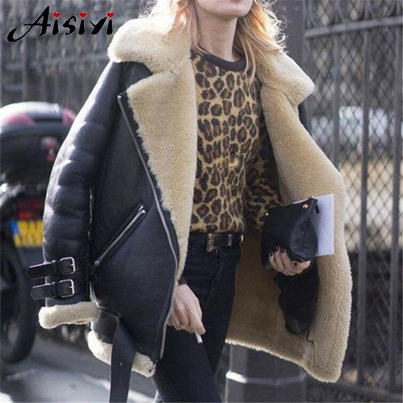 

Woman Winter Coats and Jackets 2020 Plus Size Warm Fur Collar Padded Jacket Vintage Parka Coat Lamb Wool Sheepskin Flight Jacket, Red