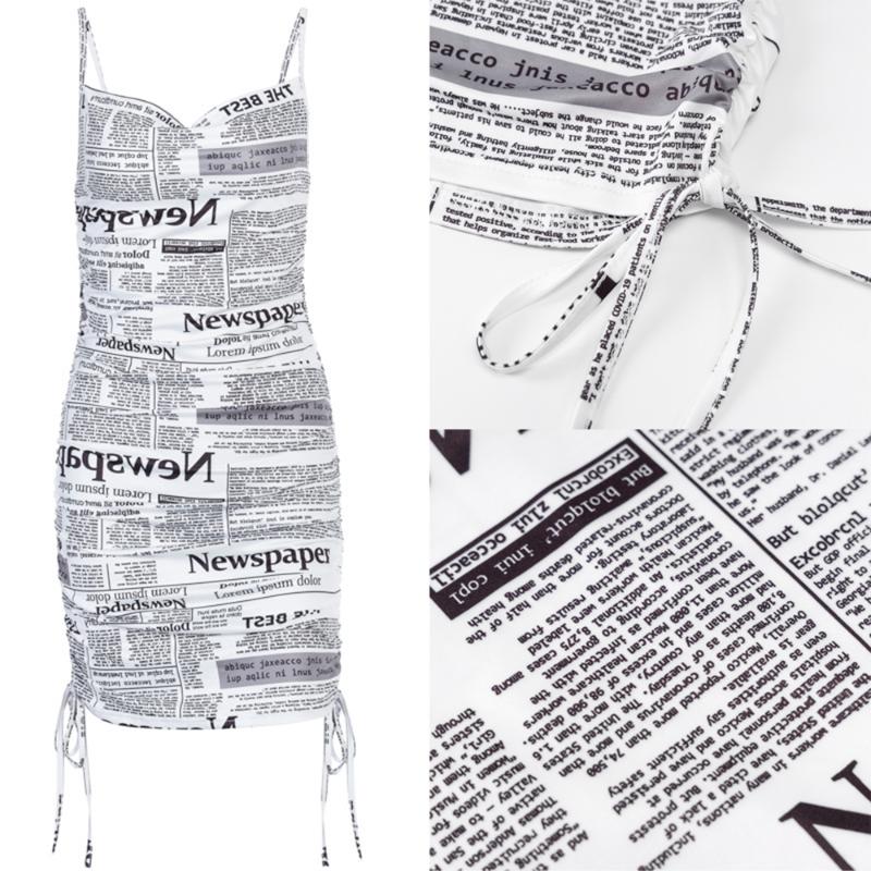 

Streetwear Newspaper Graphic Camis Dresses Vintage E-girl Spaghetti Strap Backless Ruched Lace Up Party Dress, As shown