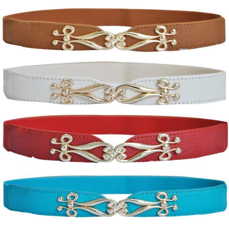 

Women Fashion Thin Flower Gold Metal Buckle Elastic Stretch Corset Waist Belt W11, Blue