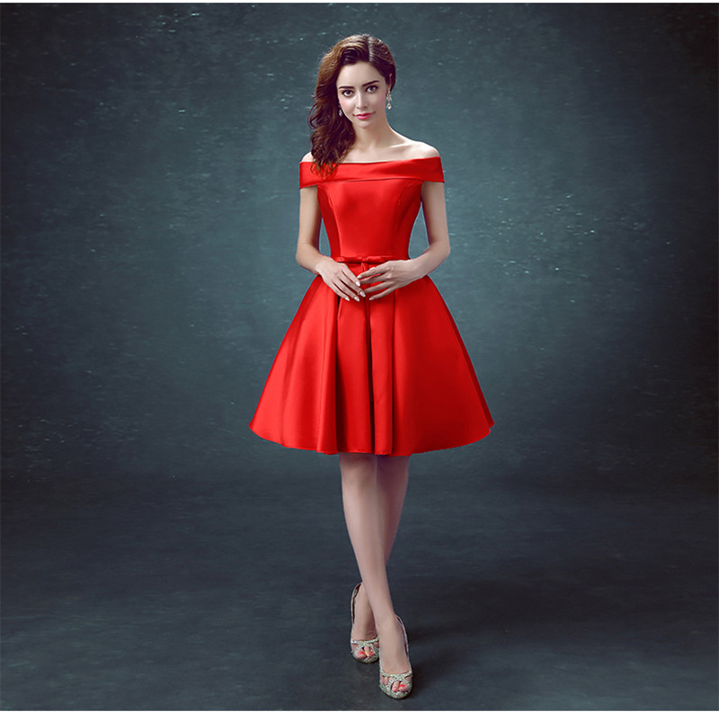 

Robe de soiree 2021 Short Boat Neck Lace up Red vestido de festa Elegant wedding party prom dress girls Bridesmaid Dresses