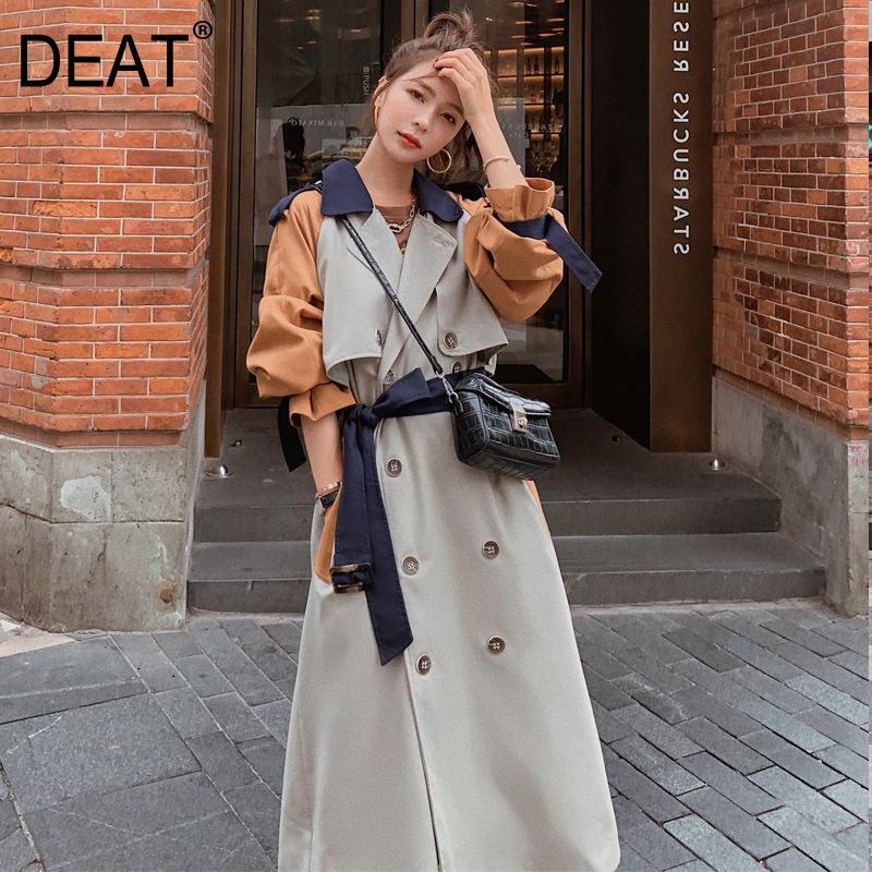 

DEAT] 2020 New Autumn Fashion Women' Trench Coat Casual Full Sleeve Lapel Collar Over Long Length Hit Color With Belt TX174, Light bean green