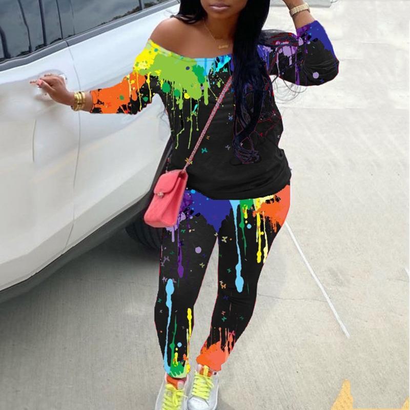 

Fashion Womens Tracksuit Casual Loose Graffiti Printed Off-shoulder Sweatshirt Plus Size Top And Pants Sport Exercise Sets#g41, Yellow