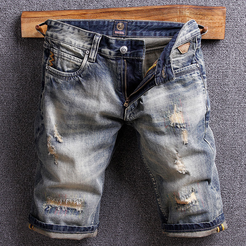

2021 New Summer Fashion Retro Vintage Designer Ripped Denim Shorts Men High Quality Hip Hop Cotton Short Homme 6gq4, Retro color