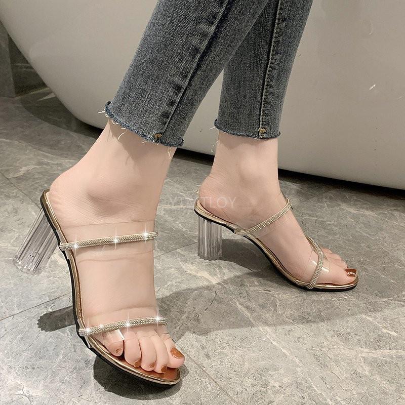 

2021 Transparent High Heels Women Slippers New Summer Shoes Simple PVC Clear Sandals Zapatillas Mujer Casa Sapato Feminino, Gold