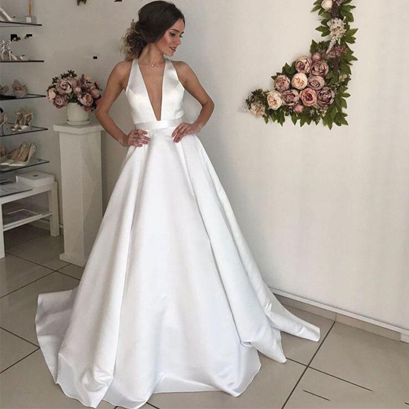 

Custom Made Simple Deep V Neck Wedding Dresses Sweep Train Satin Backless A Line Wedding Bridal Gowns, White