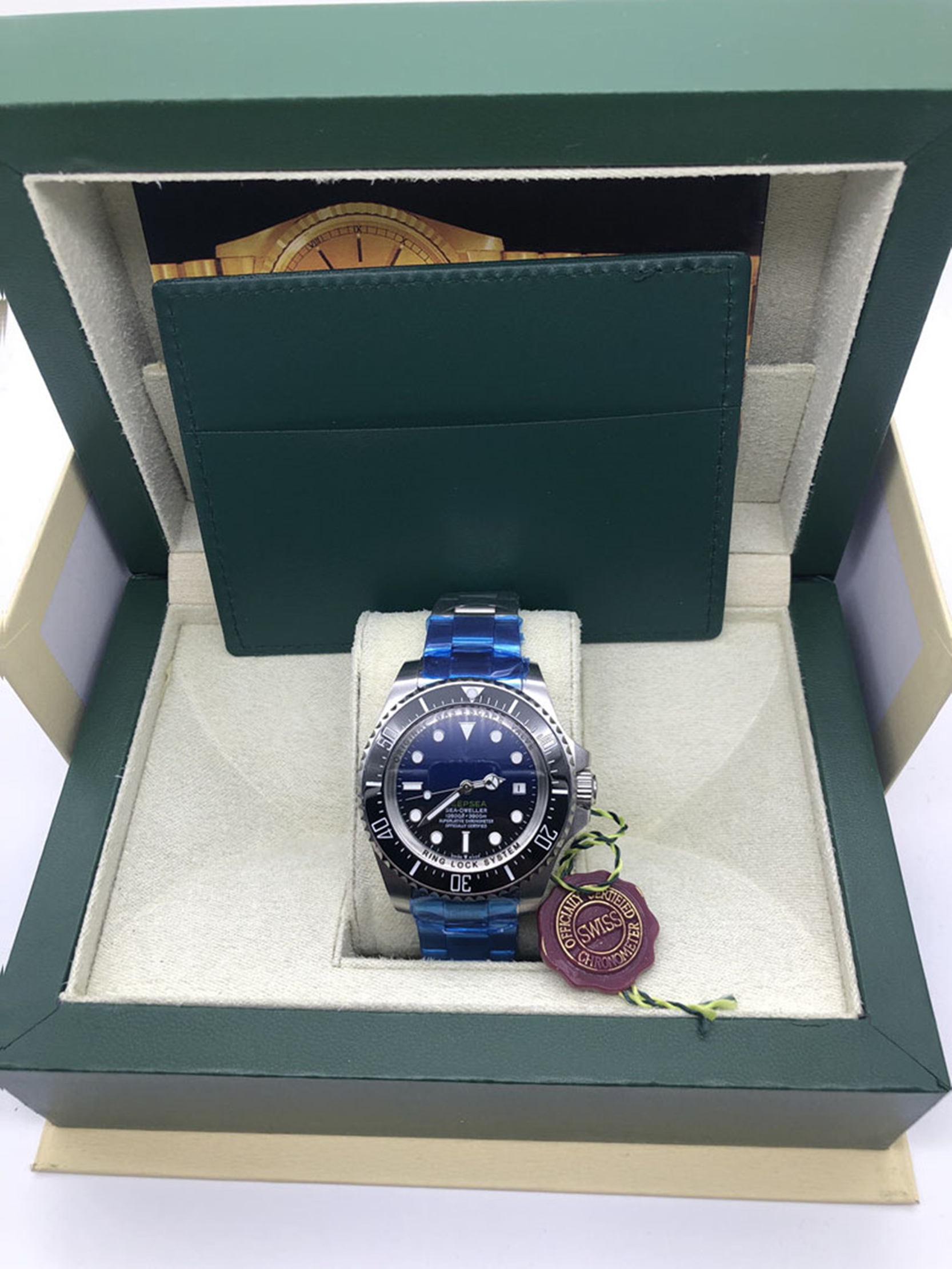 

With original box Luxury SEA-DWELLER D-blue Watches Ceramic Bezel Sapphire Men 44mm Mens Watch fashion Automatic Movement Mechanical Glidelock Clasp Wristwatches, Style 1 original box + watch